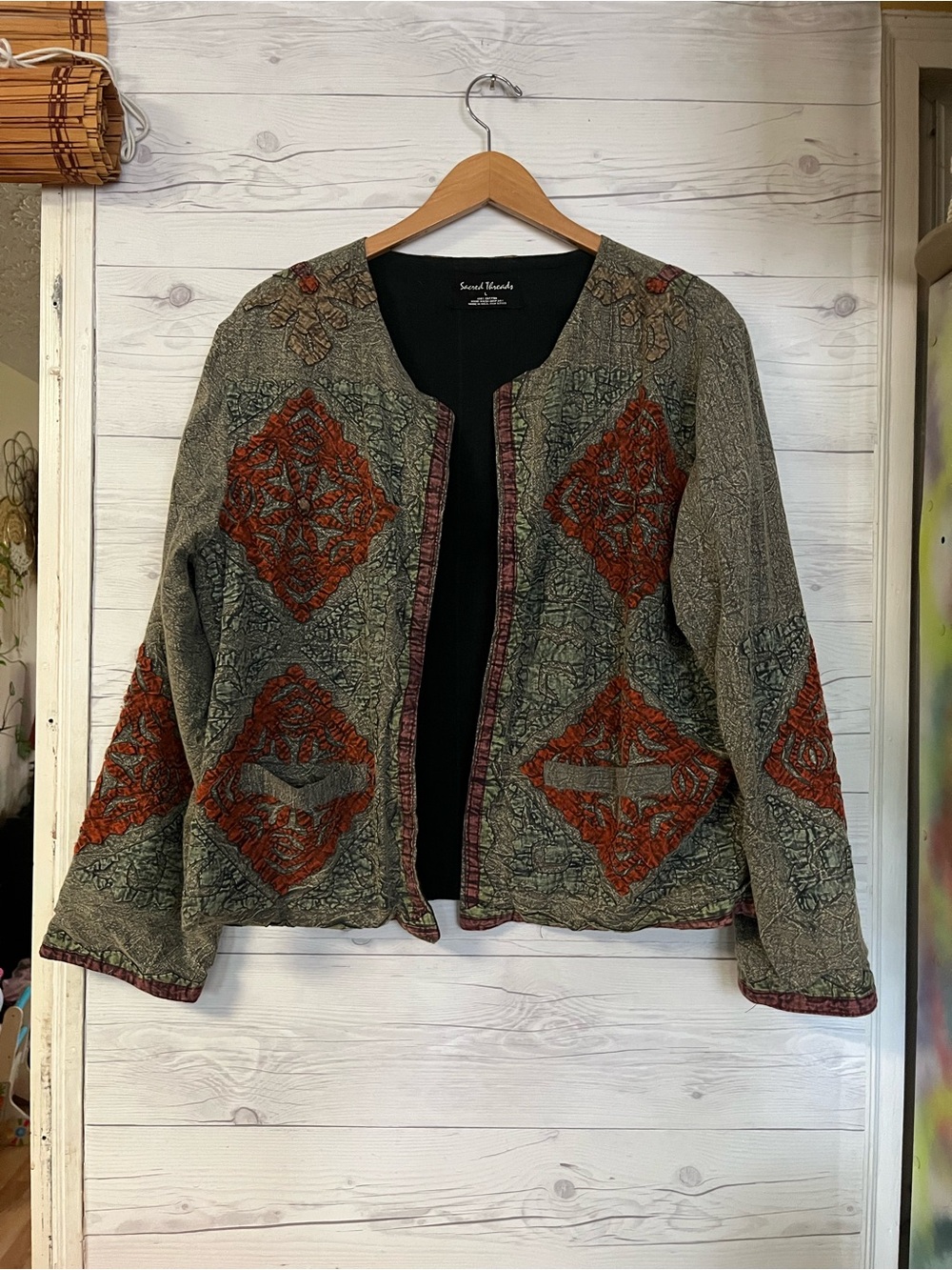 Sacred Threads Patchwork Boho Top Colorful Button Front Festival Women's Large